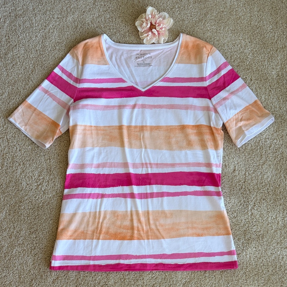 Talbots Pink and Peach Striped V-Neck Short Sleeve Tee